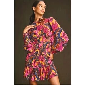 FARM Rio Pink Floral Yellow Fruit Dream Long Sleeve Tiered Mini Dress L
